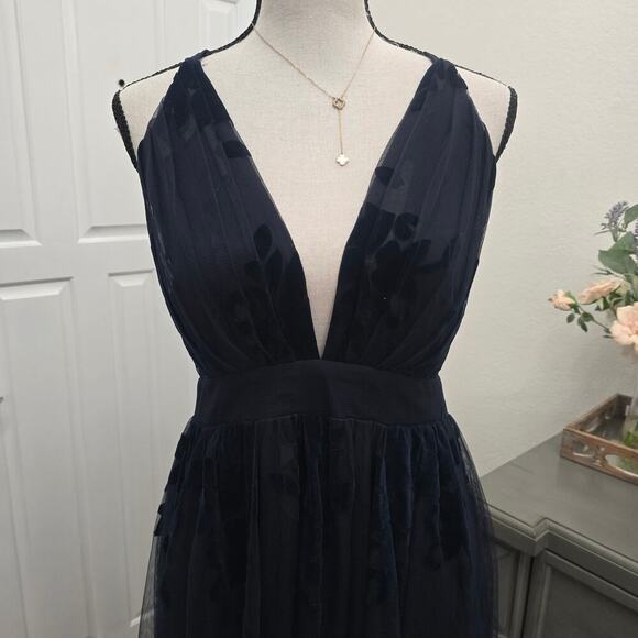 Women’s Navy Mesh Floral Burnout Cocktail Maxi Dress M Romantic Elegant Evening - Picture 2 of 13